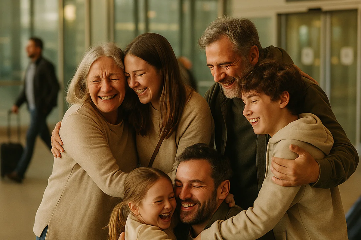 Family members of different ages embracing as they reunite, with luggage nearby