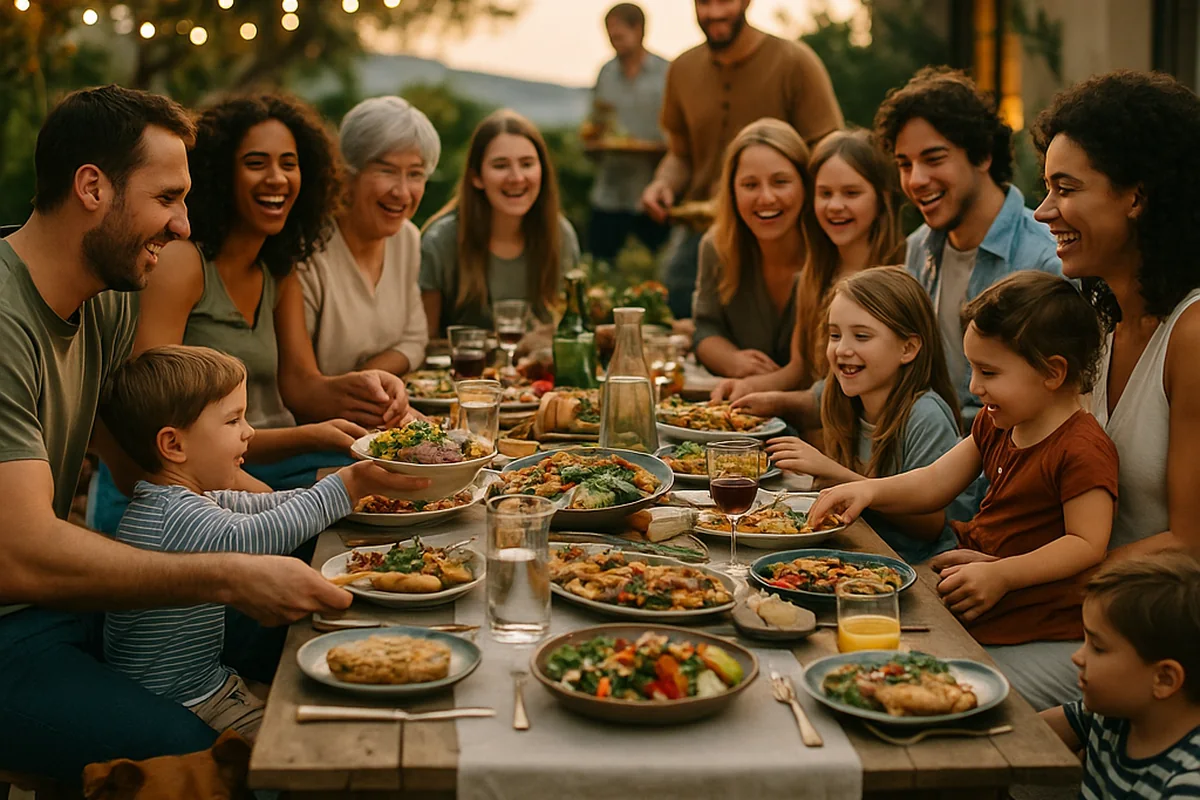 A large family gathered around a long outdoor dinner table under string lights at a vacation house