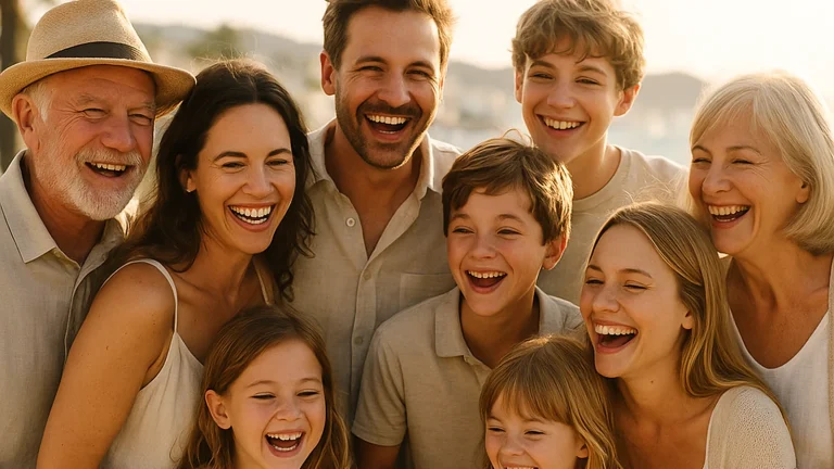 A happy multi-generational family of grandparents, parents, and children laughing together outdoors at a sunny vacation destination