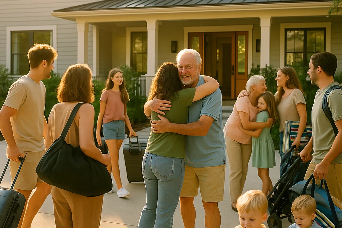 A multi-generational family arriving together at a spacious vacation rental house with their luggage
